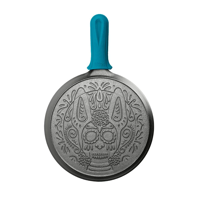 10.5 Inch Seasoned Cast Iron Xolo Sugar Skull Griddle with Deluxe Handle Holder - Image 2